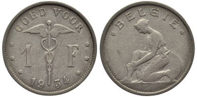 БЕЛЬГИЯ 1 ФРАНК 1934 BELGIE, АЛЬБЕРТ I (1909-1934) KM 90 никель 27-1014