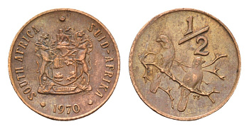ЮАР 1/2 цента 1970 два капских воробья на ветке KM 81 бронза 116-812