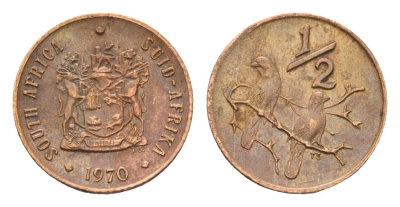 ЮАР 1/2 цента 1970 два капских воробья на ветке KM 81 бронза 116-812