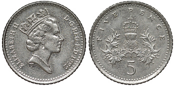 Великобритания 5 пенсов 1992 Елизавета II (1952-2022) KM 937b, Spink 4372 (D4) медно-никель 4124-651