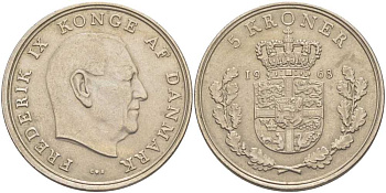 ДАНИЯ 5 КРОН 1968 C; S, ФРЕДЕРИК IX (1947-1972) KM 853.1 медно-никель 38-511