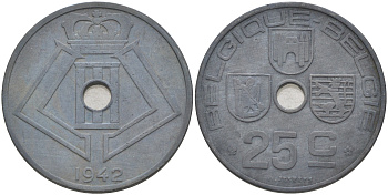 БЕЛЬГИЯ 25 САНТИМОВ 1942 BELGIQUE-BELGIE, ГЕРМАНСКАЯ ОККУПАЦИЯ, ВТОРАЯ МИРОВАЯ ВОЙНА KM 131 цинк 190-112