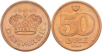 Дания 50 эре 1989 Маргрете II (1972- ) KM 866.1 бронза 202-753
