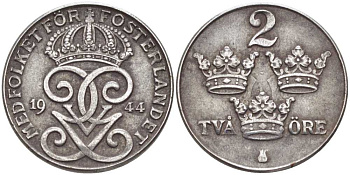 Швеция 2 эре 1944 Густав V (1907-1950), военный выпуск KM 811 железо 119-1032