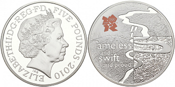 Великобритания 5 фунтов 2010 Елизавета II (1952-2022), XXX летние Олимпийские Игры в Лондоне в 2012, река Темза KM 1154, Spink LO45 серебро PROOF 02-039-41
