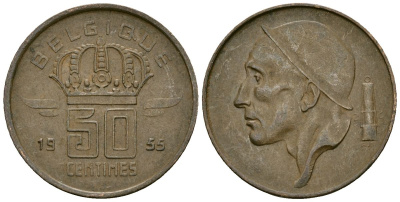 Бельгия 50 сантимов 1955 BELGIQUE KM 144 бронза 4164-1041