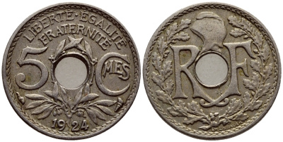 ФРАНЦИЯ 5 САНТИМОВ 1924 ТИП ЛИНДАЙЁ KM 875 медно-никель 54-119