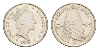 Остров Мэн 5 пенсов 1990 PM, Елизавета II (1952-2022) KM 209.2 медно-никель aUNC 4651-357