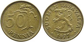 ФИНЛЯНДИЯ 50 ПЕННИ 1977 К KM 48 алюминиевая бронза 4364-2711