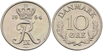 Дания 10 эре 1964 C; S, Фредерик IX (1947-1972) KM 849.1 медно-никель    4169-219