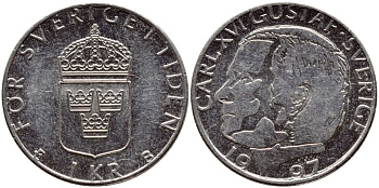 Швеция 1 крона 1997 Карл XVI Густав (1973- ) KM 852a медно-никель 4382-1055