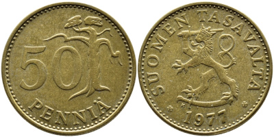 ФИНЛЯНДИЯ 50 ПЕННИ 1977 К KM 48 алюминиевая бронза 4364-2711
