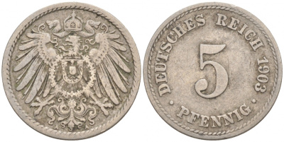 ГЕРМАНИЯ 5 ПФЕННИГОВ 1903 A, KM 11, J. 12 медно-никель 73-1727