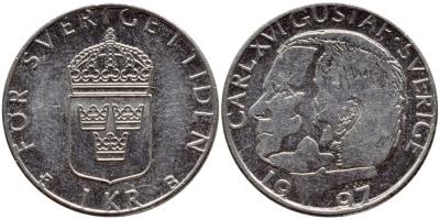 Швеция 1 крона 1997 Карл XVI Густав (1973- ) KM 852a медно-никель 4382-1055