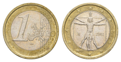 Италия 1 евро 2002 Витрувианский человек KM 216 биметалл 4629-426