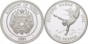 Тонга 1 паанга 1991 XXV летние Олимпийские игры в Барселоне 1992 года, прыжки с трамплина в воду KM 140 серебро PROOF 11-101-25