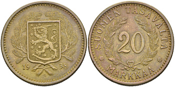 Финляндия 20 марок 1938 S KM 32 алюминиевая бронза 82-1024
