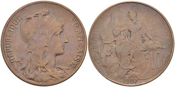 ФРАНЦИЯ 10 САНТИМОВ 1907 ТИП ДАНИЭЛЬ ДЮПЮИ KM 843, LE FRANC 136.17 бронза 180-446