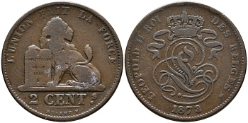 Бельгия 2 сантима 1873 Des Belges, Леопольд II (1865-1909) KM 35.1 медь 4398-1031