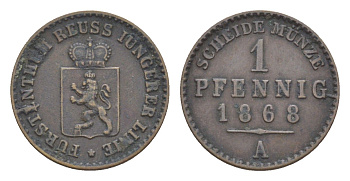 Рейсс-Гера 1 пфенниг 1868 Генрих XIV KM 75 медь 1529-1034