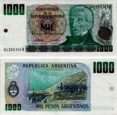 АРГЕНТИНА 1000 ПЕСО 1984 СЕРИЯ D 01250, ГЕНЕРАЛ САН МАРТИН Pick 317b бумага XF+ 6301-3-1-2