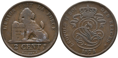Бельгия 2 сантима 1873 Des Belges, Леопольд II (1865-1909) KM 35.1 медь 4398-1031