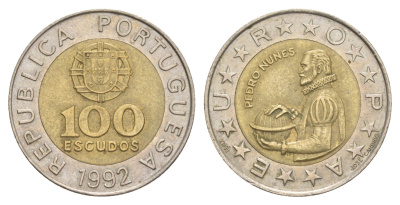 Португалия 100 эскудо 1992 Педру Нуниш (1502-1578), математик KM 645 биметалл 4390-926