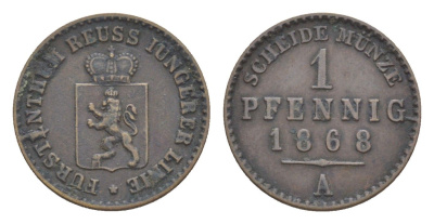 Рейсс-Гера 1 пфенниг 1868 Генрих XIV KM 75 медь 1529-1034