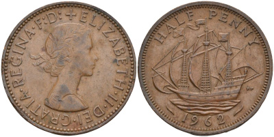 Великобритания 1/2 пенни 1962 Елизавета II (1952-2022) KM 896, Spink 4158 бронза 4126-756