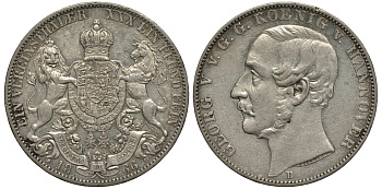 Брауншвейг-Каленберг-Ганновер 1 талер 1866 В, Георг V (1851-1866) КМ 230, AKS. 144, Dav. 682, Kahnt 239, Thun 174 серебро 1517-1511