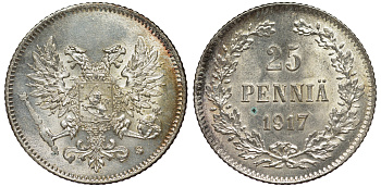 Россия для Финляндии 25 пенни 1917 S, временное правительство, без короны KM 19, Биткин 2 серебро 75-1432