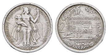 Французская Океания 2 франка 1949 год-тип KM 3 алюминий 87-1221