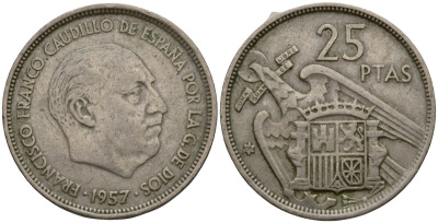 Испания 25 песет 1957 (59) KM 787 медно-никель 92-251