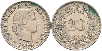 ШВЕЙЦАРИЯ 20 РАППЕНОВ 1953 В KM 29a медно-никель 55-727