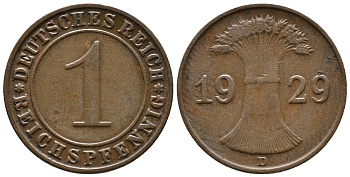 ГЕРМАНИЯ 1 РЕЙХСПФЕННИГ 1929 D KM 37, J. 313 бронза 39-1028