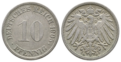 Германия 10 пфеннигов 1905 G KM 12, J. 13 медно-никель 4364-2844
