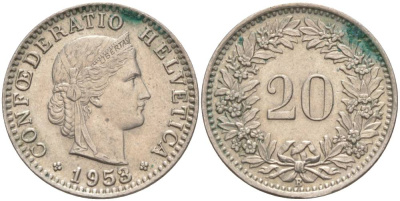 ШВЕЙЦАРИЯ 20 РАППЕНОВ 1953 В KM 29a медно-никель 55-727