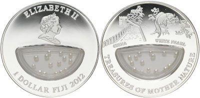 Фиджи 1 доллар 2012 серия Сокровища матери-природы, белый жемчуг, Китай, в оригинальной коробке, С сертификатОМ KM 447 серебро PROOF 00-00-00