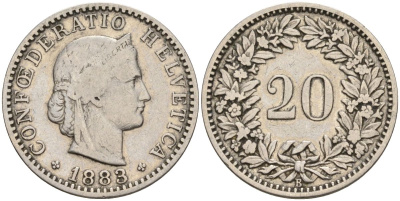 Швейцария 20 раппенов 1883 B KM 29 никель 4606-726