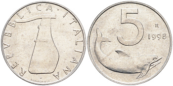 Италия 5 лир 1998 R, дельфин KM 92 алюминий  UNC  4594-959