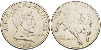 ФИЛИППИНЫ 1 ПИСО 1985 УЧЁНЫЙ ПИСАТЕЛЬ И ПОЭТ ХОСЕ РИСАЛЬ, БУЙВОЛ ТАМАРАУ KM 243.1 медно-никель 4542-841