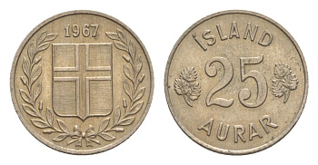 Исландия 25 эйре 1967 KM 11 медно-никель UNC 4632-952