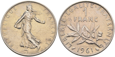 Франция 1 франк 1961 сеятель KM 925.1 никель    4177-241