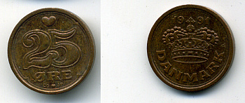 ДАНИЯ 25 ЭРЕ 1991 LG; JP; A, МАРГРЕТЕ II (1972-) KM 868.1 бронза 54-1168