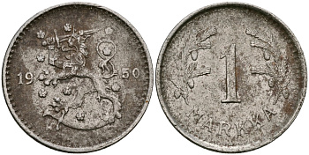 Финляндия 1 марка 1950 Н KM 30b железо 4580-1259