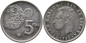 Испания 5 песет 1981 (80), Хуан Карлос , чемпионат мира по футболу, Испания 1982 KM 817 медно-никель 4384-156