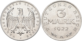 Германия 3 марки 1922 A, третья годовщина Веймарской Конституции KM 29, J.303 алюминий UNC 4587-234