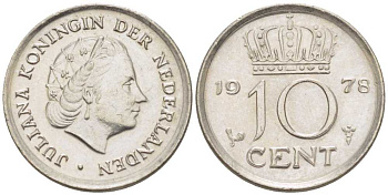 Нидерланды 10 центов 1978 Юлиана (1948-1980) КМ 182 никель 211-1238