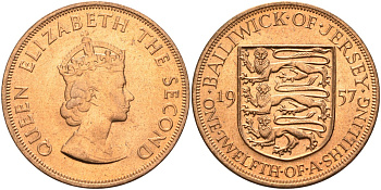 Джерси 1/12 шиллинга 1957 Елизавета II (1952-2022) KM 21 бронза aUNC 4367-326