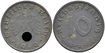 ГЕРМАНИЯ 10 РЕЙХСПФЕННИГОВ 1940 D KM 101, J. 371 цинк 4401-827